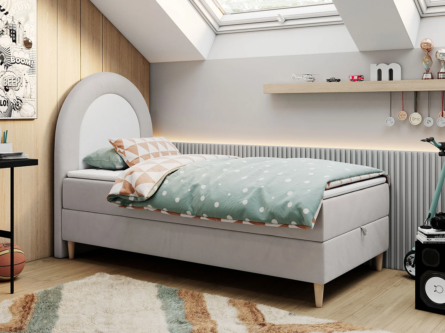 Kinderbett NEST - Boxspringbett für Kinder, mit hohem Kopfteil, Einzelbett mit Stauraum und Matratze - 90x180 cm - Hellgrau Velvet