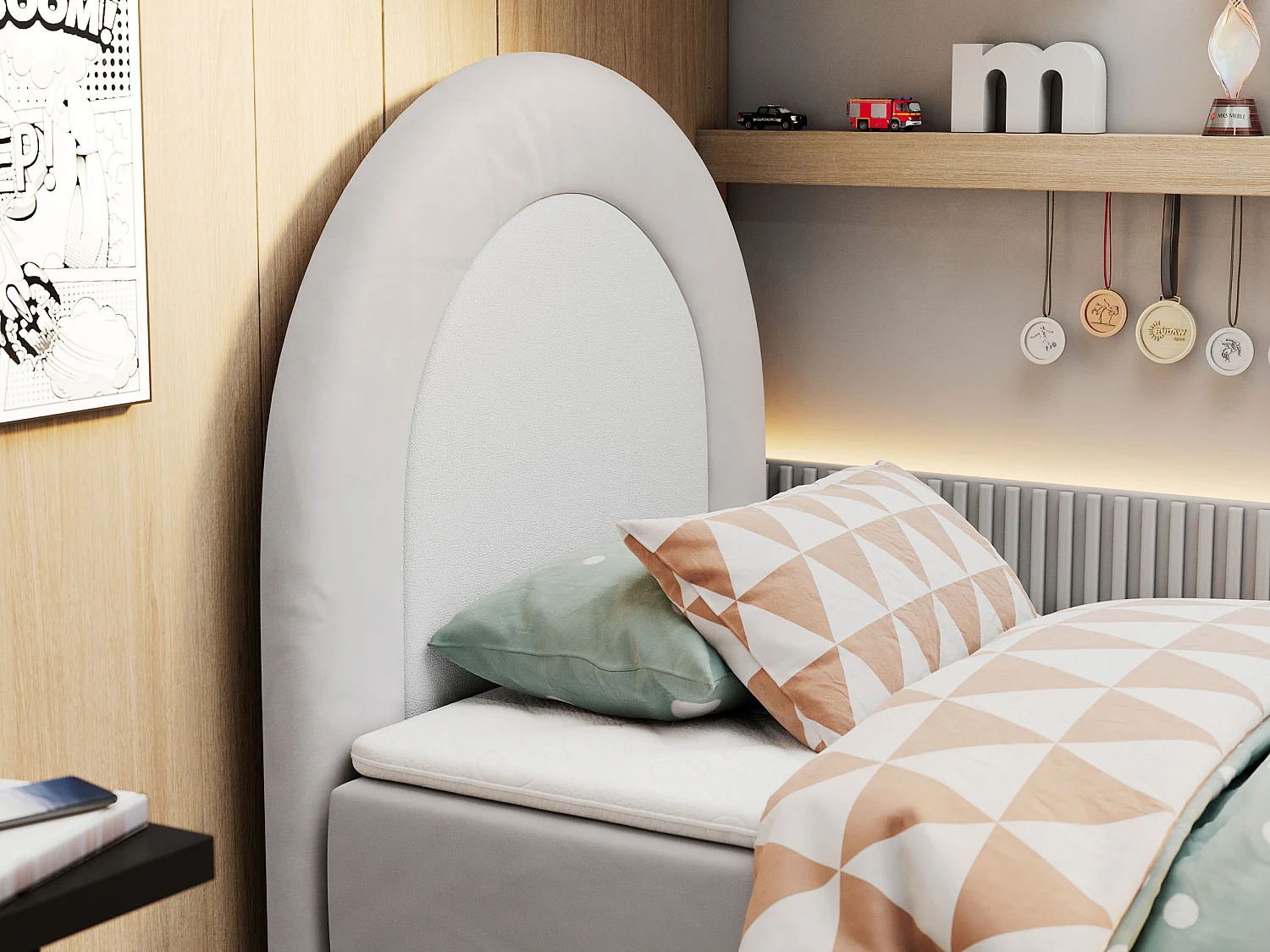 Kinderbett NEST - Boxspringbett für Kinder, mit hohem Kopfteil, Einzelbett mit Stauraum und Matratze - 90x180 cm - Hellgrau Velvet