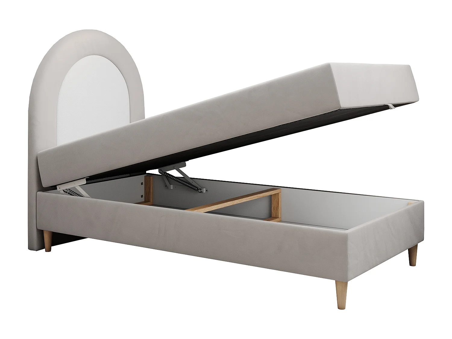 Kinderbett NEST - Boxspringbett für Kinder, mit hohem Kopfteil, Einzelbett mit Stauraum und Matratze - 90x180 cm - Hellgrau Velvet