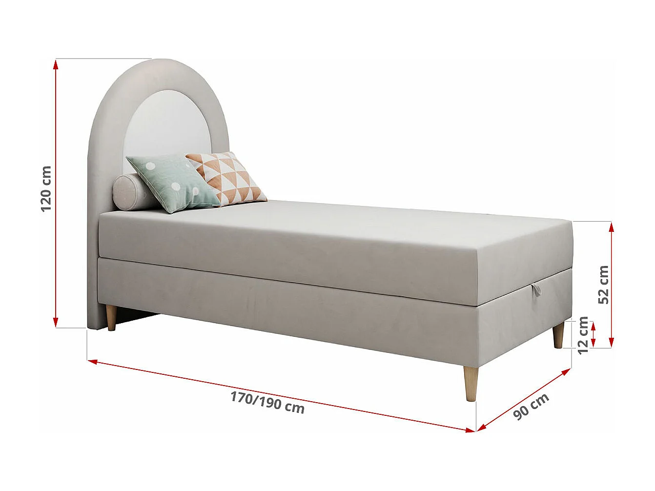 Kinderbett NEST - Boxspringbett für Kinder, mit hohem Kopfteil, Einzelbett mit Stauraum und Matratze - 90x180 cm - Hellgrau Velvet