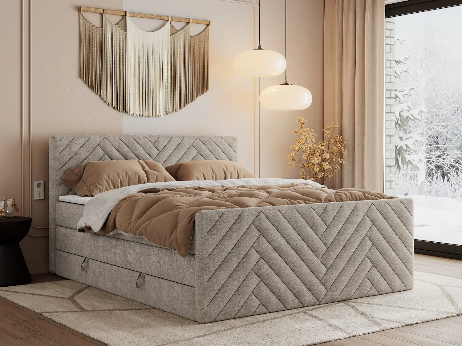 Boxspringbett PARIS KING DUO - dekorative Kopfstütze und Front, zwei Multipocket-Matratze mit Topper - 200x200 cm - H4 - Beige Strukture