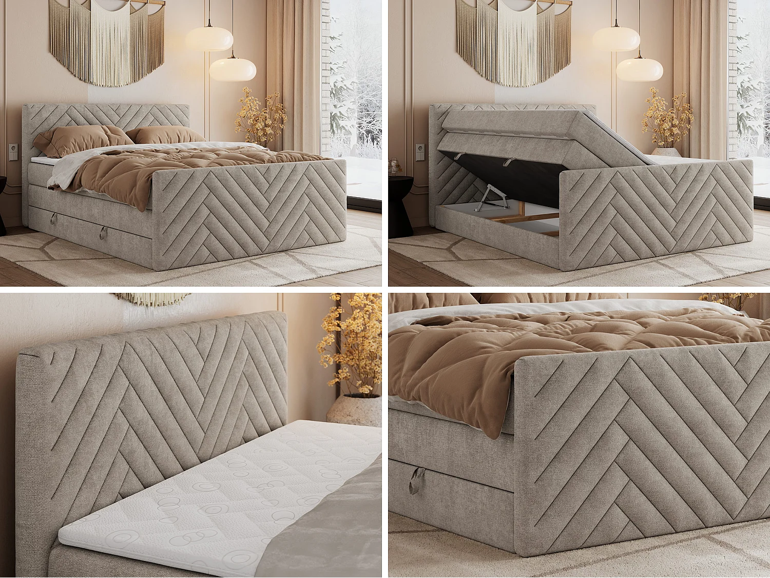 Boxspringbett PARIS KING DUO - dekorative Kopfstütze und Front, zwei Multipocket-Matratze mit Topper - 200x200 cm - H4 - Beige Strukture