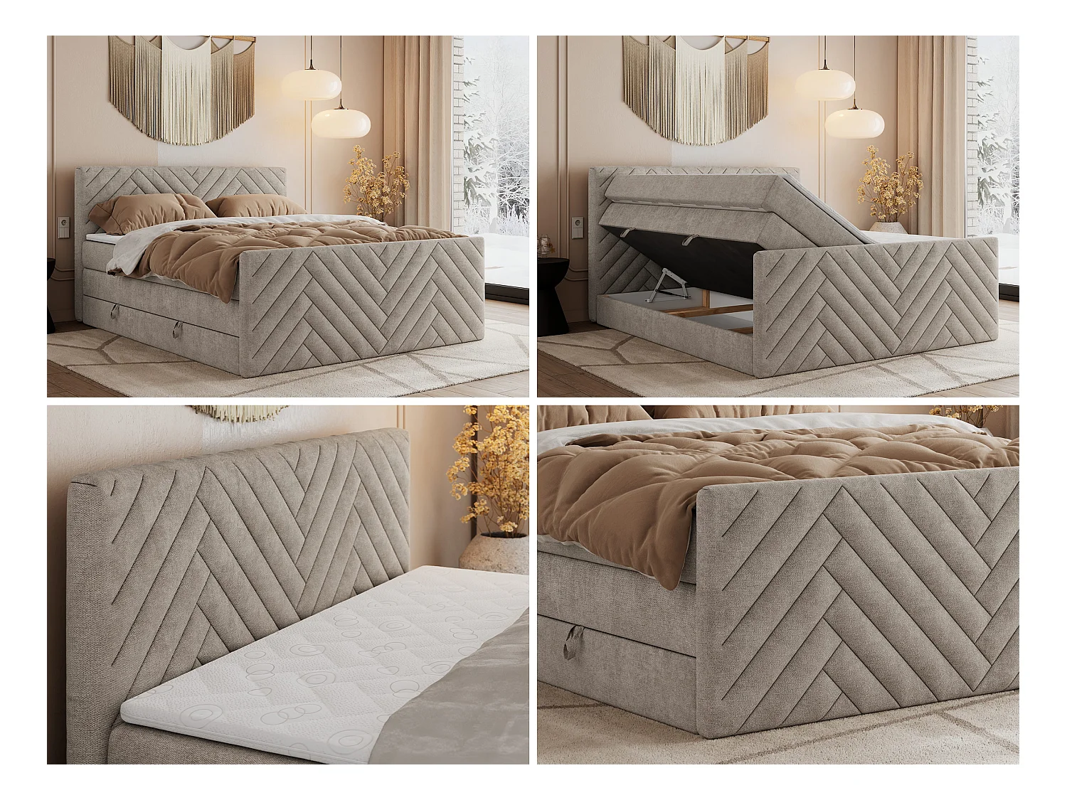 Boxspringbett PARIS KING DUO - dekorative Kopfstütze und Front, zwei Multipocket-Matratze mit Topper - 200x200 cm - H3 - Beige Strukture