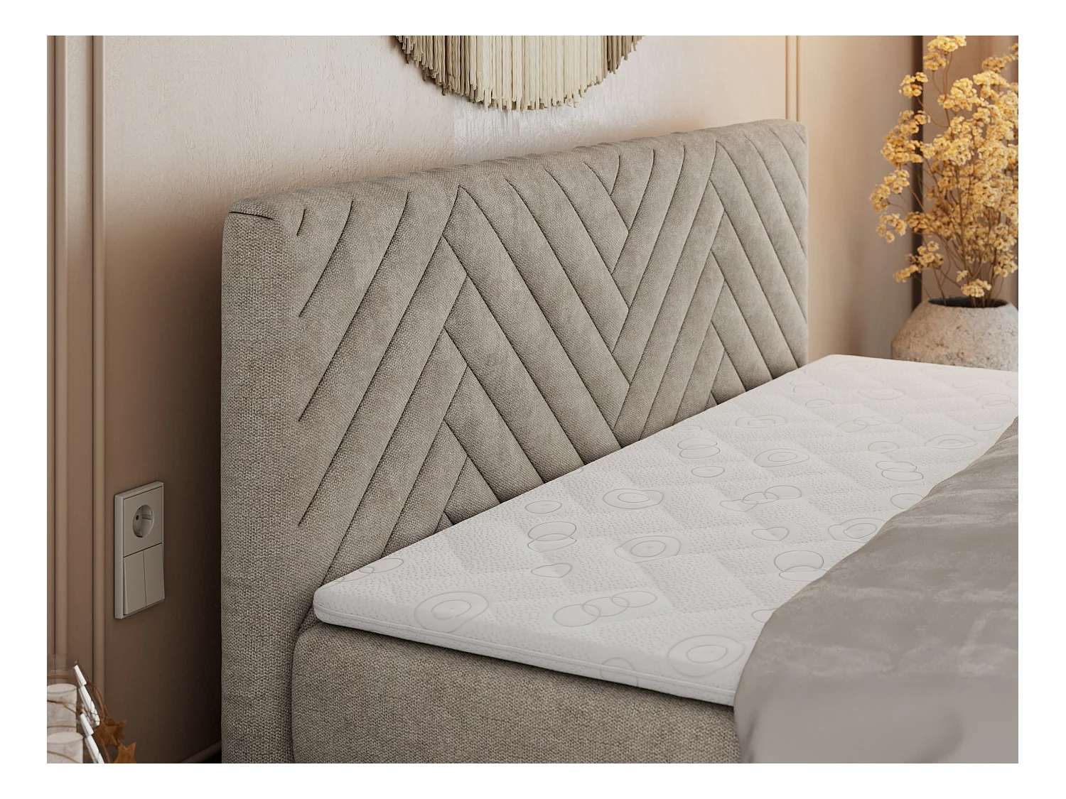 Boxspringbett PARIS KING DUO - dekorative Kopfstütze und Front, zwei Multipocket-Matratze mit Topper - 200x200 cm - H3 - Beige Strukture