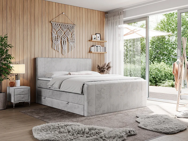 Boxspringbett DOREN KING - mit gesteppter Front und Kopfteil, zwei Multipocket-Matratzen und Topper, Doppelbett - 140x200 cm - H4 - Hellgrau Velvet