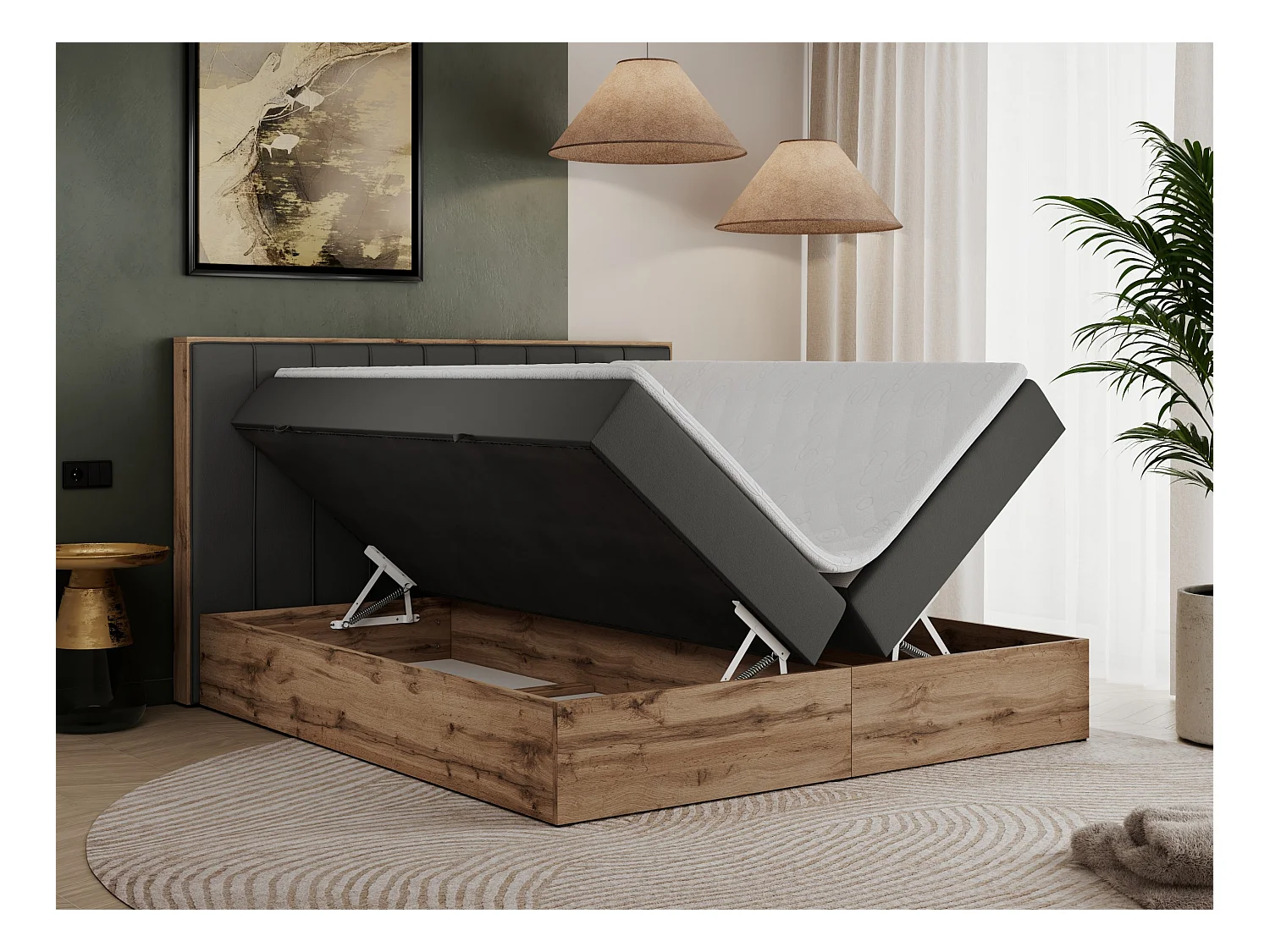 Boxspringbett BELLISSIMO - mit gestepptem Kopfteil, Polsterbett mit zwei Bettkästen, Multipocket-Matratze - 200x200 cm - H4 - Dunkelgrau Kunstleder