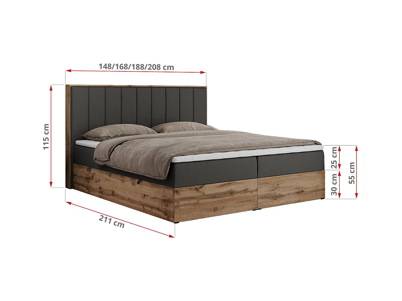 Boxspringbett BELLISSIMO - mit gestepptem Kopfteil, Polsterbett mit zwei Bettkästen, Multipocket-Matratze - 200x200 cm - H4 - Dunkelgrau Kunstleder