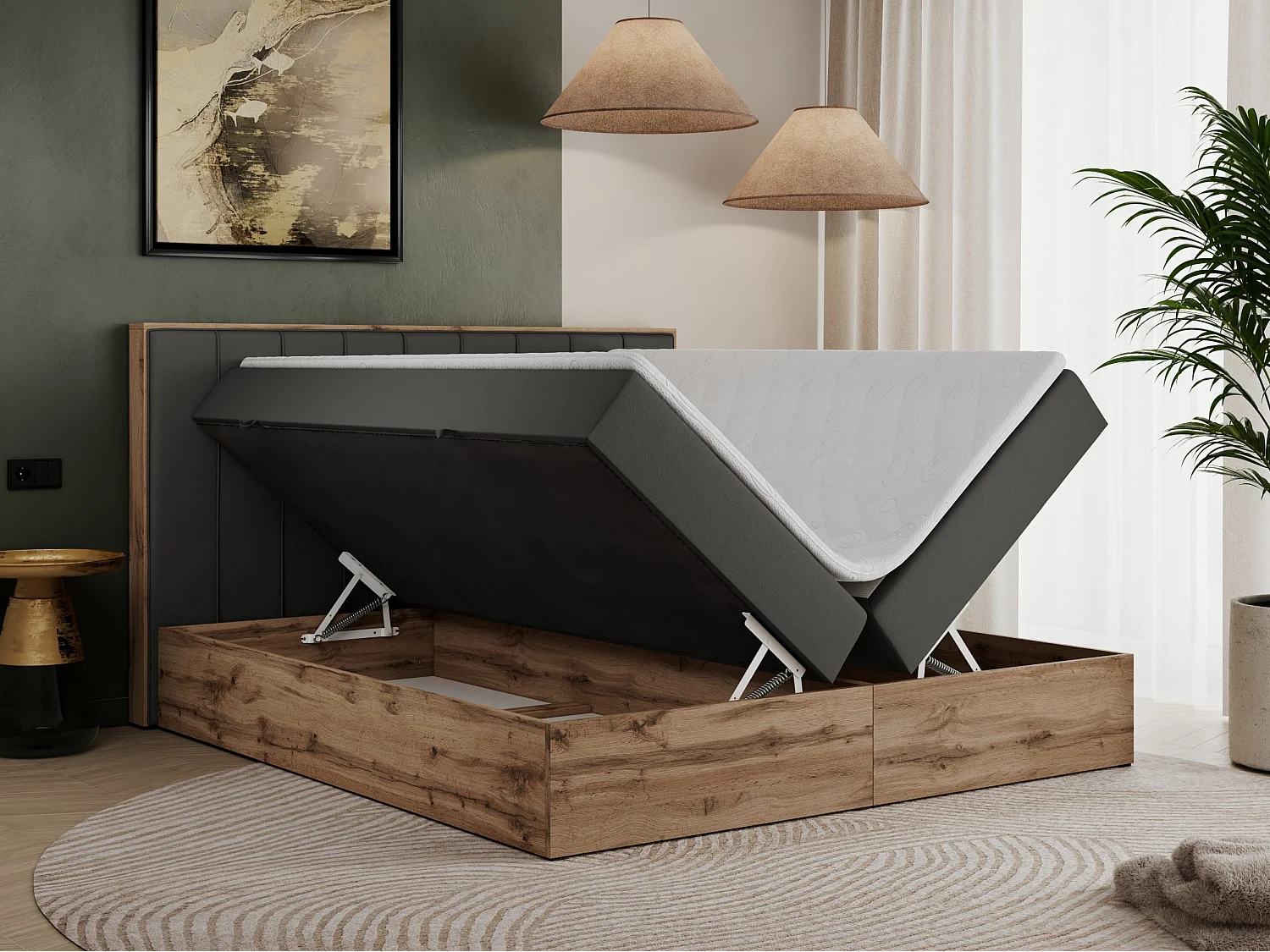 Boxspringbett BELLISSIMO - mit gestepptem Kopfteil, Polsterbett mit zwei Bettkästen, Multipocket-Matratze - 200x200 cm - H4 - Dunkelgrau Kunstleder