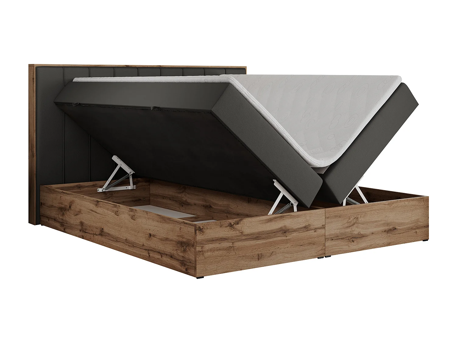 Boxspringbett BELLISSIMO - mit gestepptem Kopfteil, Polsterbett mit zwei Bettkästen, Multipocket-Matratze - 200x200 cm - H4 - Dunkelgrau Kunstleder