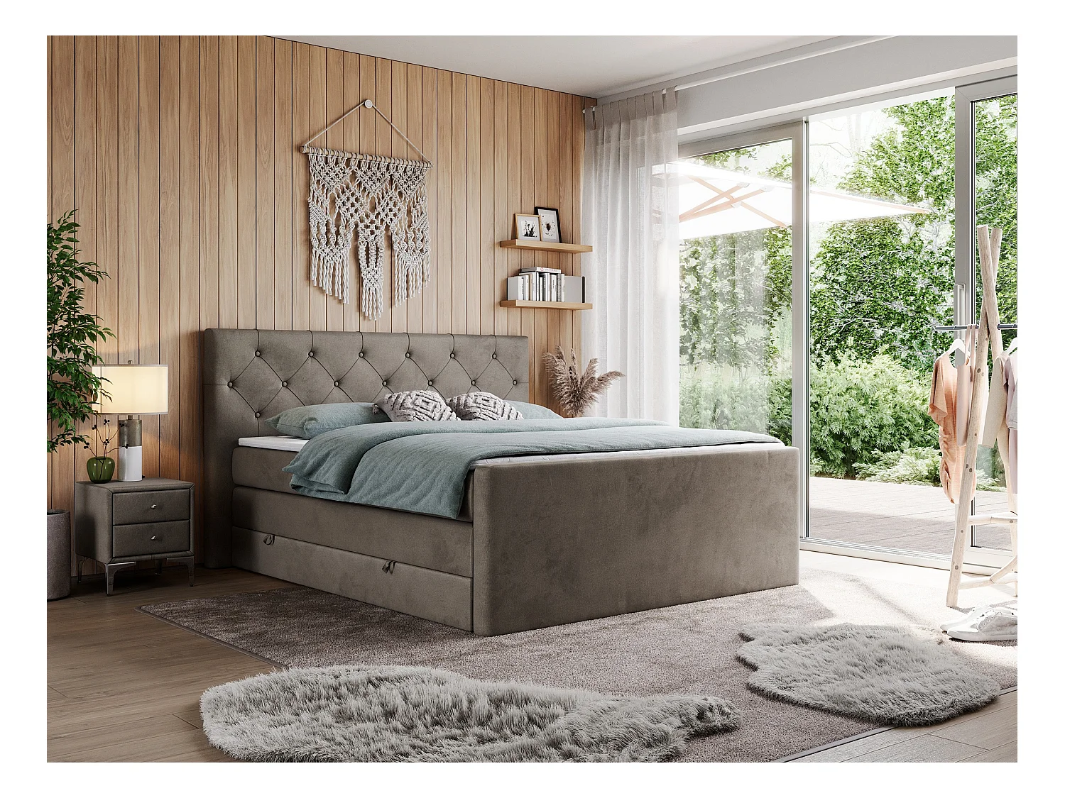 Boxspringbett VELEN KING - Doppelbett mit gestepptem Kopfteil, zwei Multipocket-Matratzen, Polsterbett mit Kopfstütze - 200x200 cm - H4 - Braun Velvet