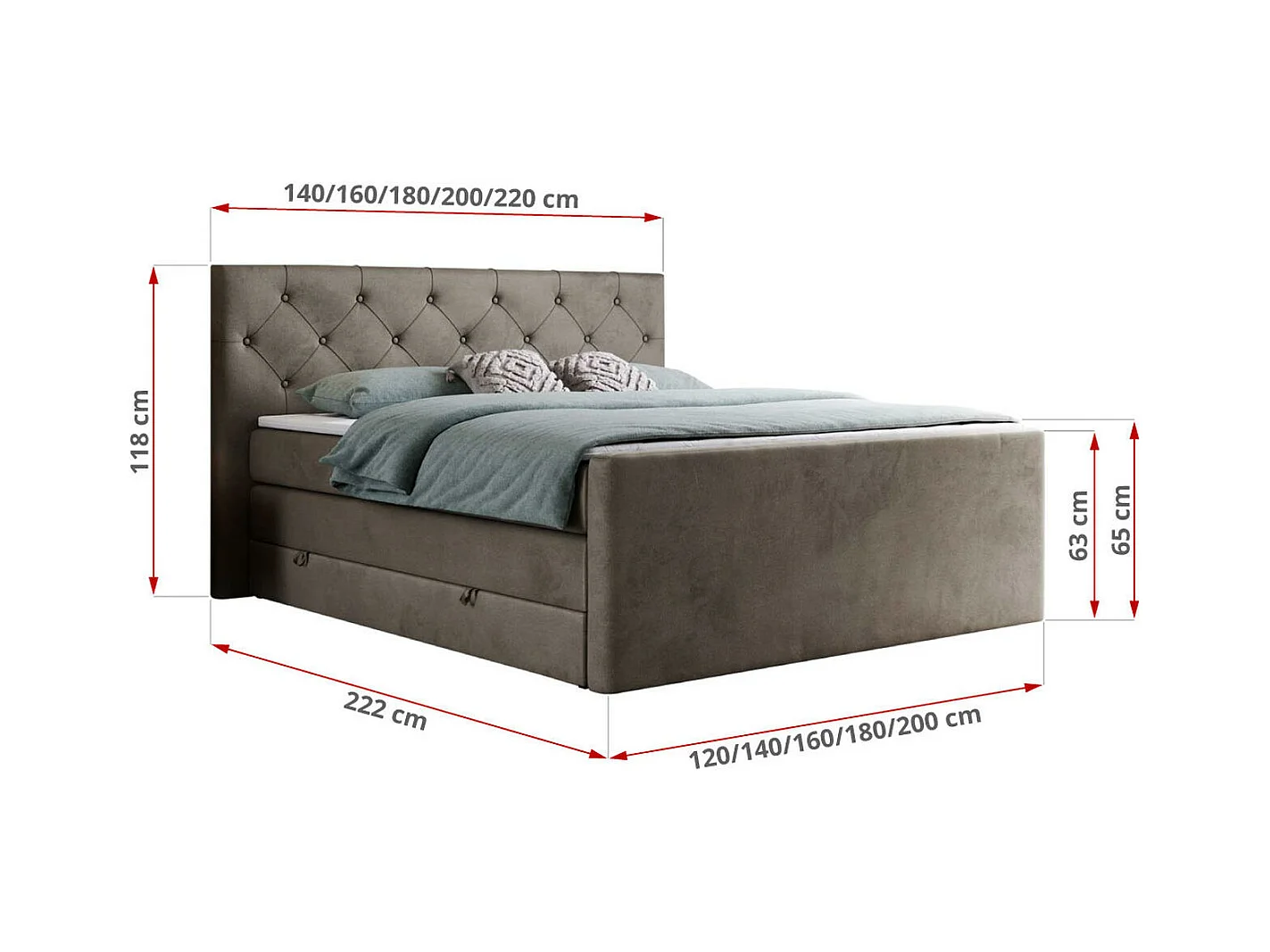 Boxspringbett VELEN KING - Doppelbett mit gestepptem Kopfteil, zwei Multipocket-Matratzen, Polsterbett mit Kopfstütze - 200x200 cm - H4 - Braun Velvet