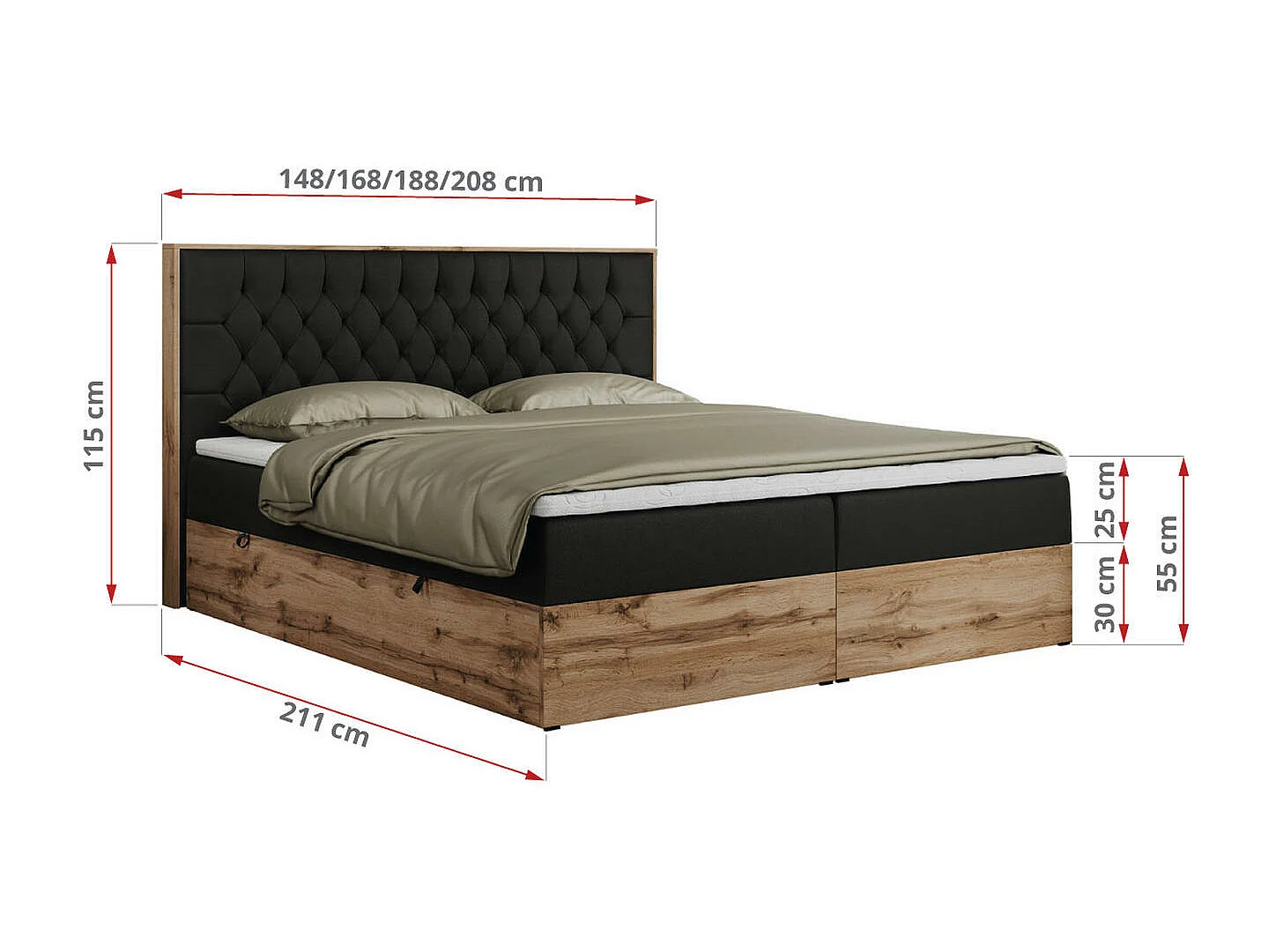 Boxspringbett AMORE - Bett mit Multipocket-Matratze, gesteppte Kopfstütze, Doppelbett für Schlafzimmer - 140x200 cm - H3 - Schwarz Kunstleder