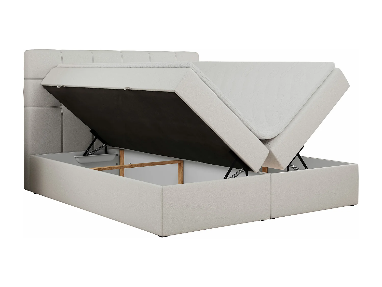 Boxspringbett ERNI - mit gestepptem Kopfteil, Polsterbett, Multipocket-Matratze und Topper, Bettkästen - 160x200 cm - H4 - Weiß Kunstleder