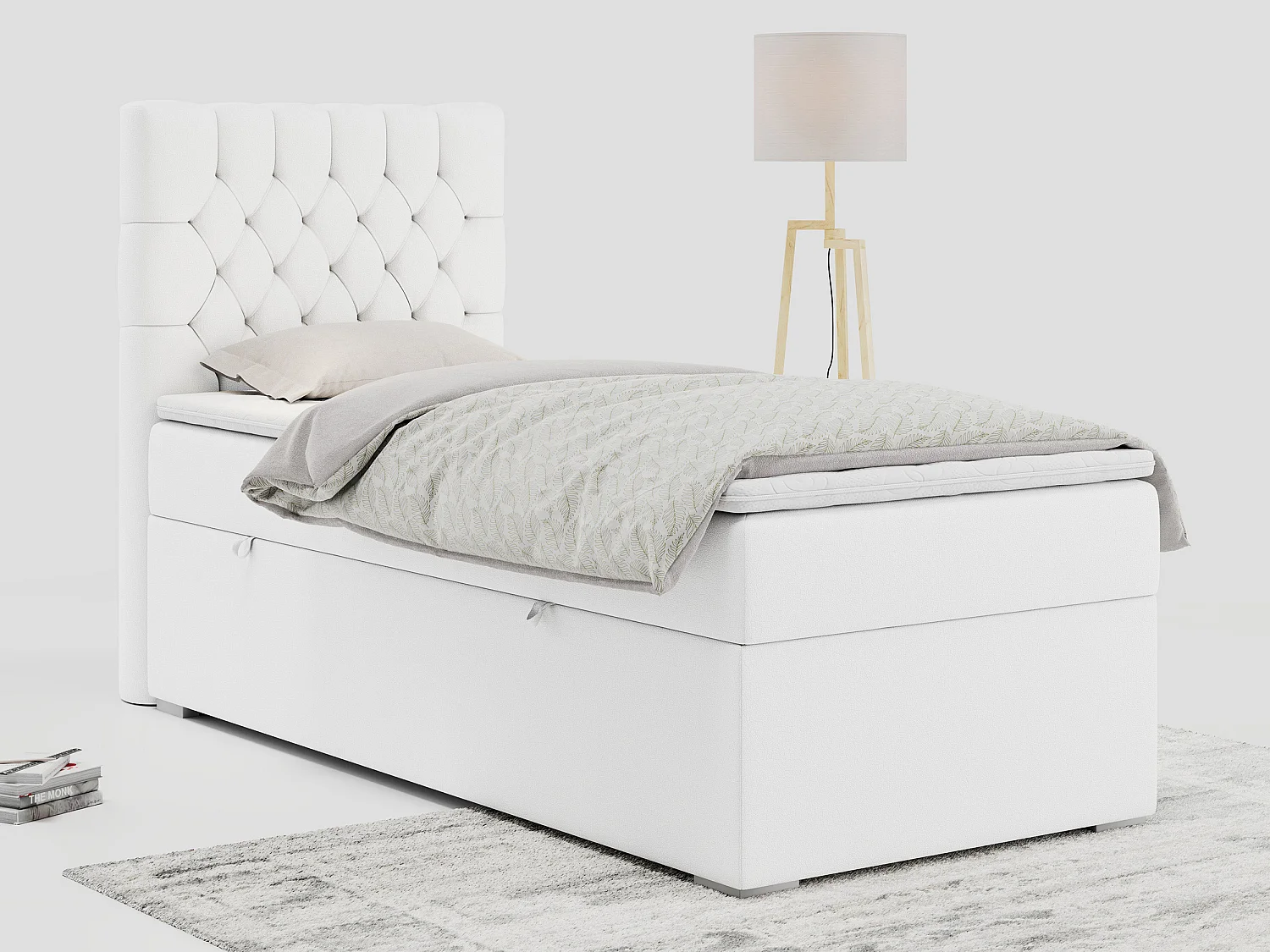 Boxspringbett PERA - Einzelbett mit Kopfstütze, Polsterbett, Multipocket-Matratze, genähtes Kopfteil - 90x200 cm - H3 - Weiß Kunstleder - Links Seite