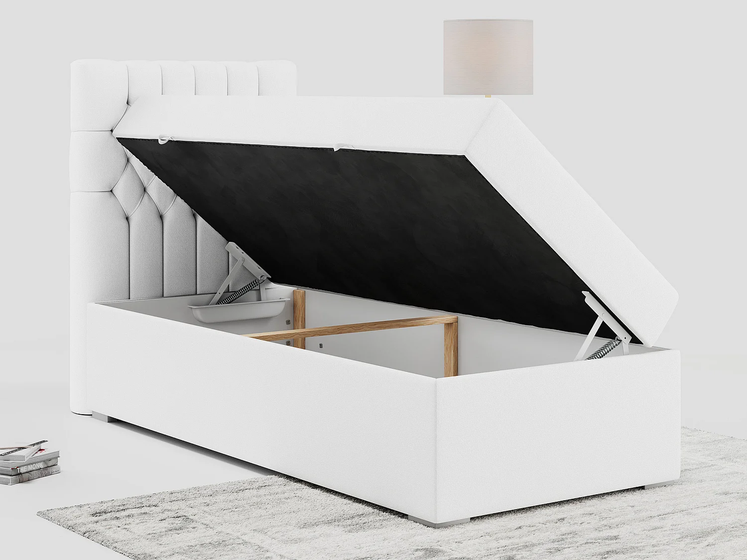 Boxspringbett PERA - Einzelbett mit Kopfstütze, Polsterbett, Multipocket-Matratze, genähtes Kopfteil - 90x200 cm - H3 - Weiß Kunstleder - Links Seite