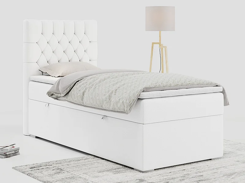 Boxspringbett PERA - Einzelbett mit Kopfstütze, Polsterbett, Multipocket-Matratze, genähtes Kopfteil - 90x200 cm - H3 - Weiß Kunstleder - Links Seite