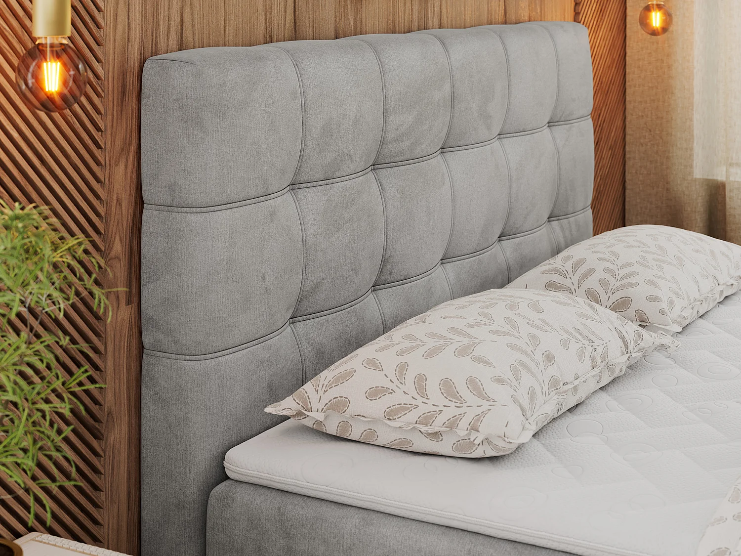 Boxspringbett ERNI - mit gestepptem Kopfteil, Polsterbett, Multipocket-Matratze und Topper, Bettkästen - 180x200 cm - H4 - Hellgrau Velvet