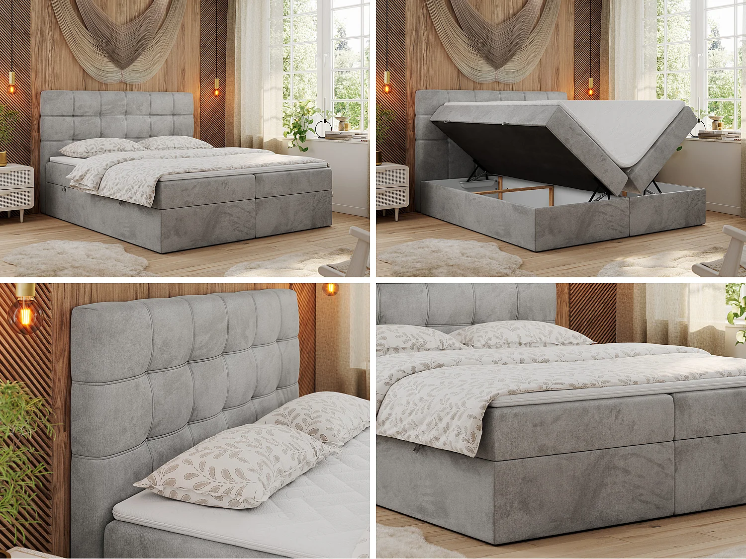 Lit boxspring - Dureté H4 + Topper T25 - Gris clair Velours - 180x200 - ERNI