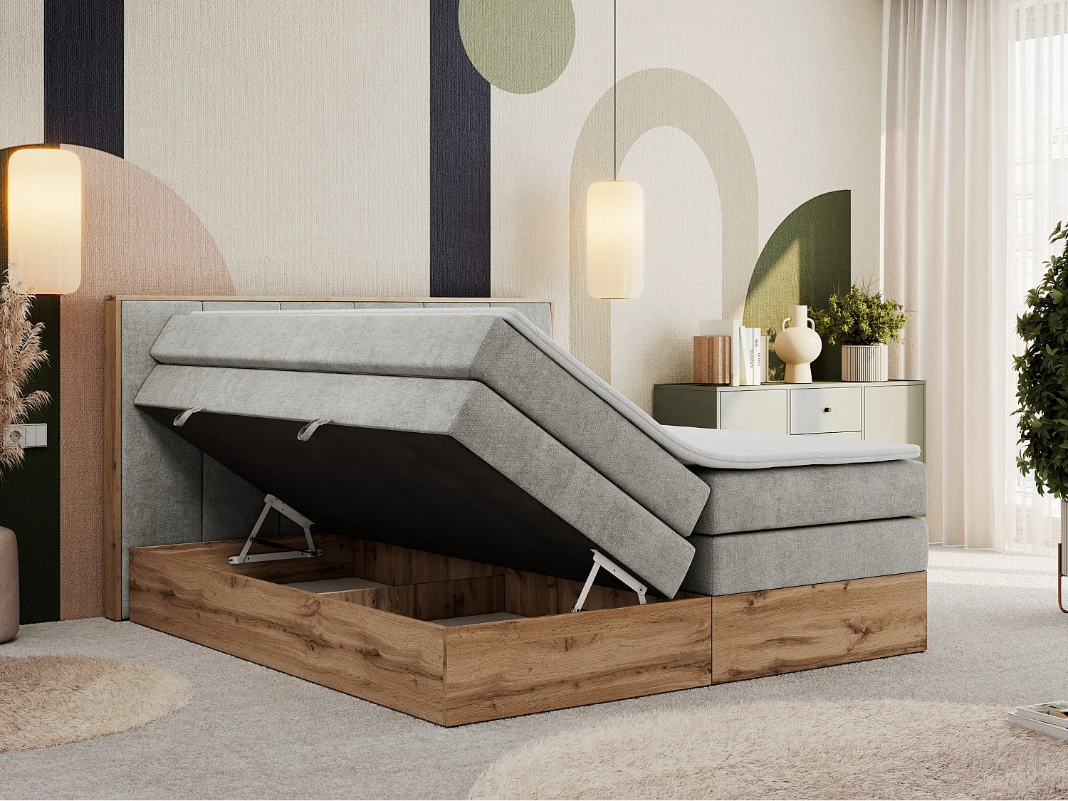 Boxspringbett ALBERO 1 KING - zwei 7 Härtezonen Multipocket-Matratzen, Doppelbett mit Stauraum, Eiche Wotan Holzrahmen - 120x200 cm - H4 - Hellgrau Strukture