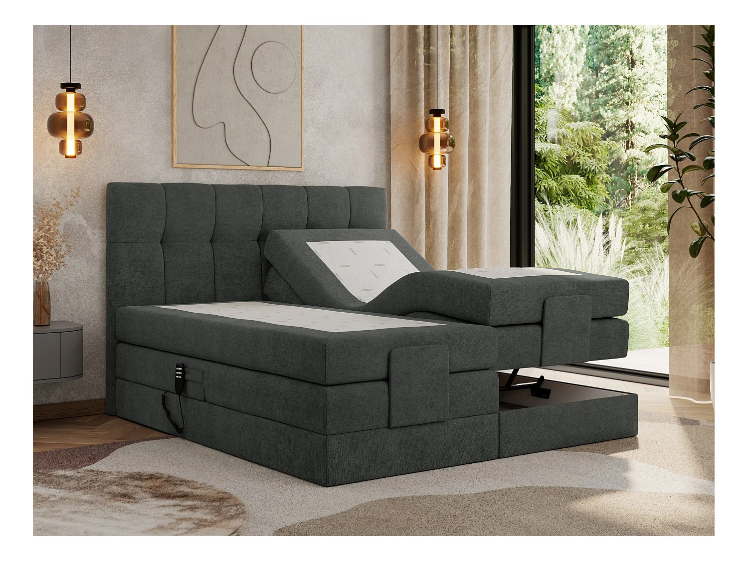 Boxspringbett VITTORIA - mit gestepptem Kopfteil, elektrischem Untergestell, Multipocket-Matratze - 180x200 cm - H4 - Dunkelgrau Strukture