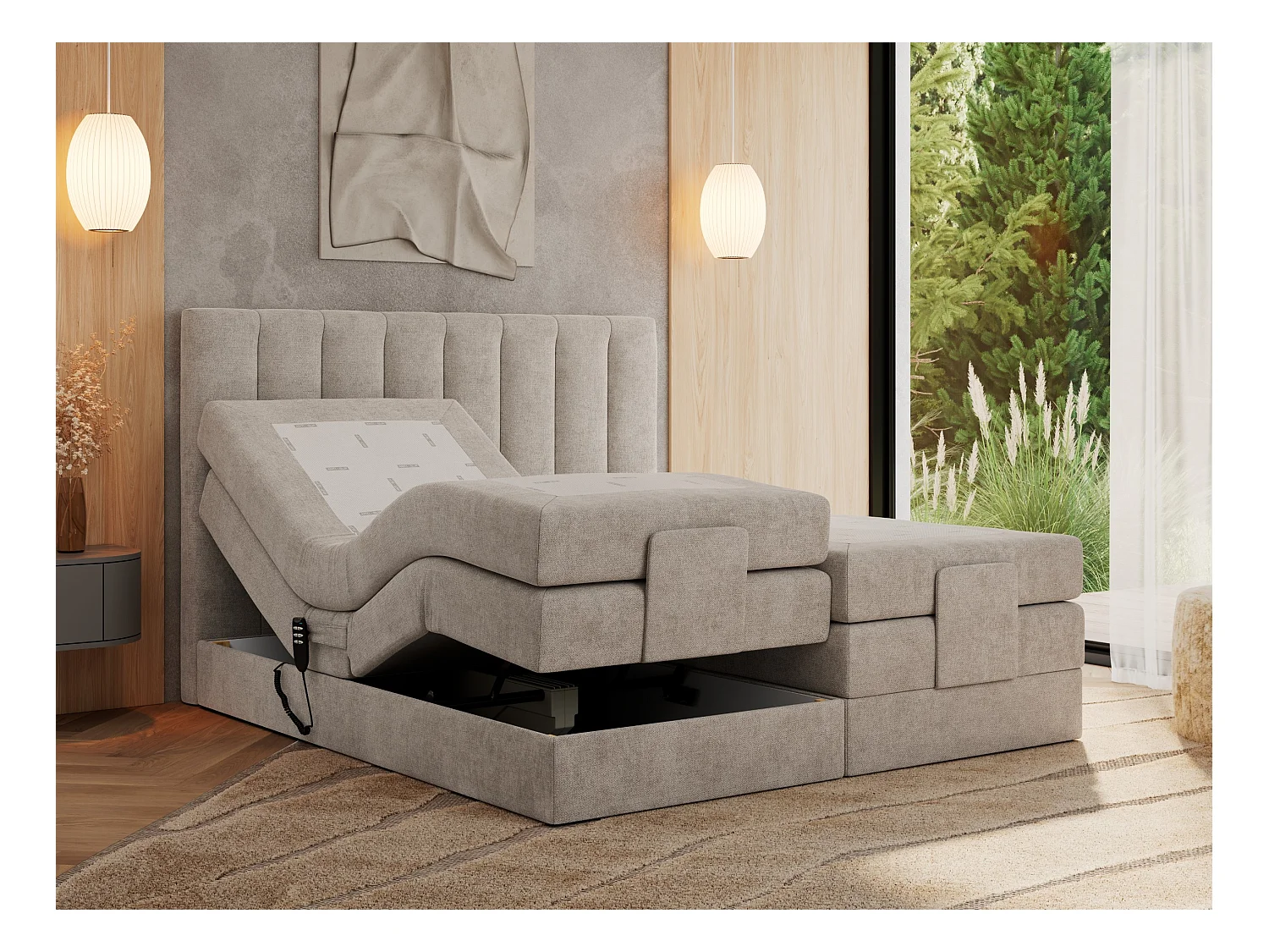 Boxspringbett COMFORTO - Doppelbett, Elektrisch verstellbare, Multipocket-Matratzen und Topper, genähtes Kopfteil - 140x200 cm - H4 - Beige Strukture