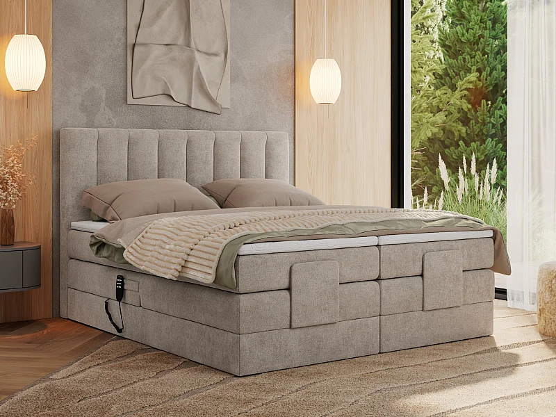 Boxspringbett COMFORTO - Doppelbett, Elektrisch verstellbare, Multipocket-Matratzen und Topper, genähtes Kopfteil - 140x200 cm - H4 - Beige Strukture