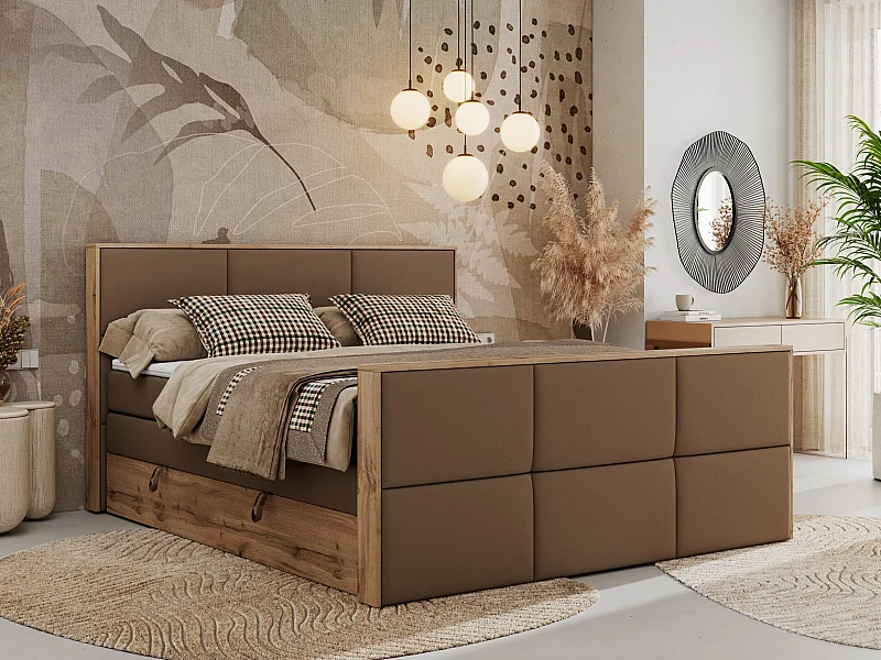 Boxspringbett ALBERO 2 KING DUO - Eiche Wotan Holzrahmen, zwei Multipocket-Matratzen, Bettkästen - 180x200 cm - H3 - Braun Kunstleder