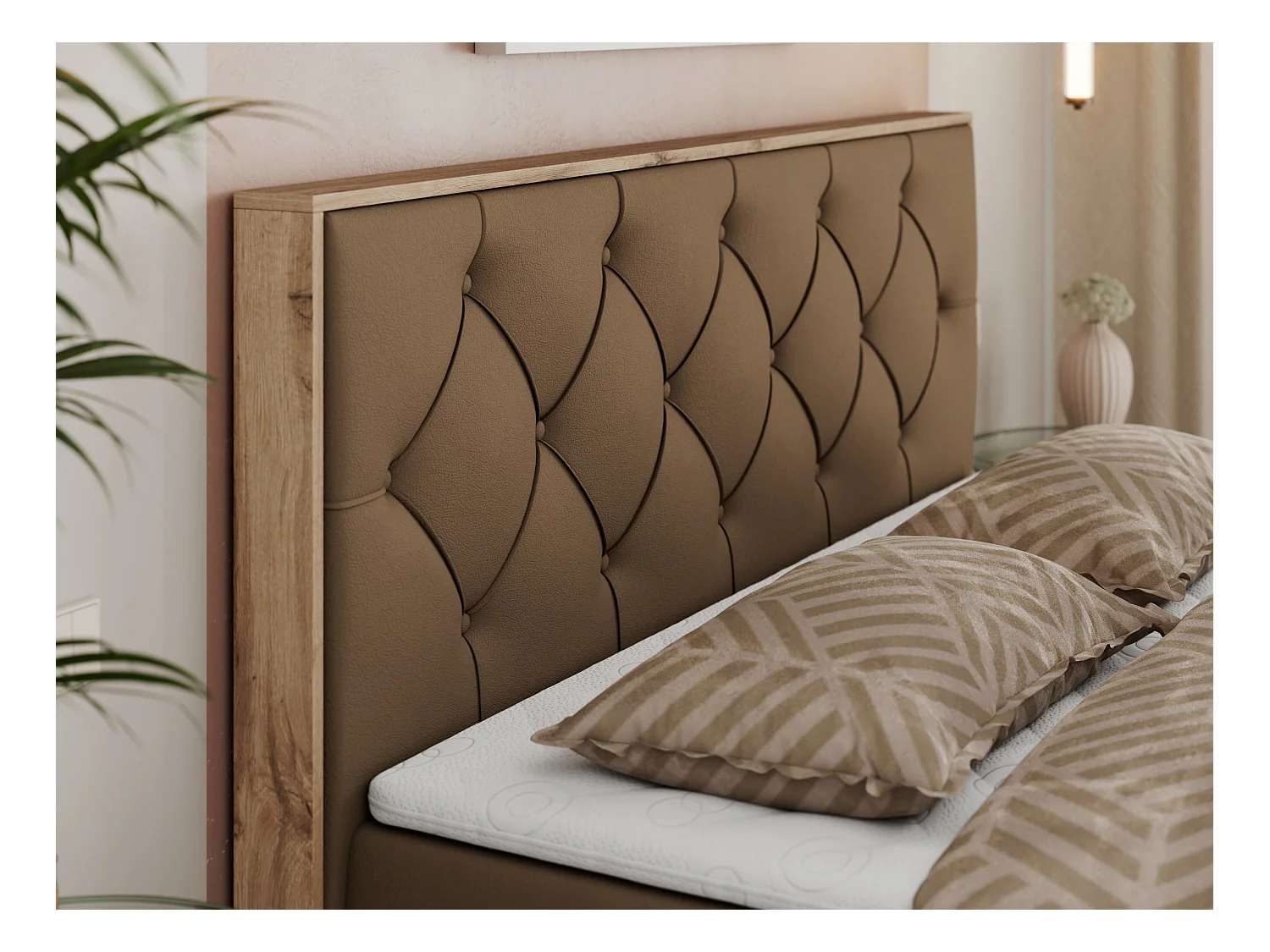Boxspringbett VENETO - gestepptem Kopfteil, Set mit Multipocket-Matratze und Topper, Holzrahmen, zwei Bettkästen - 180x200 cm - H3 - Braun Kunstleder