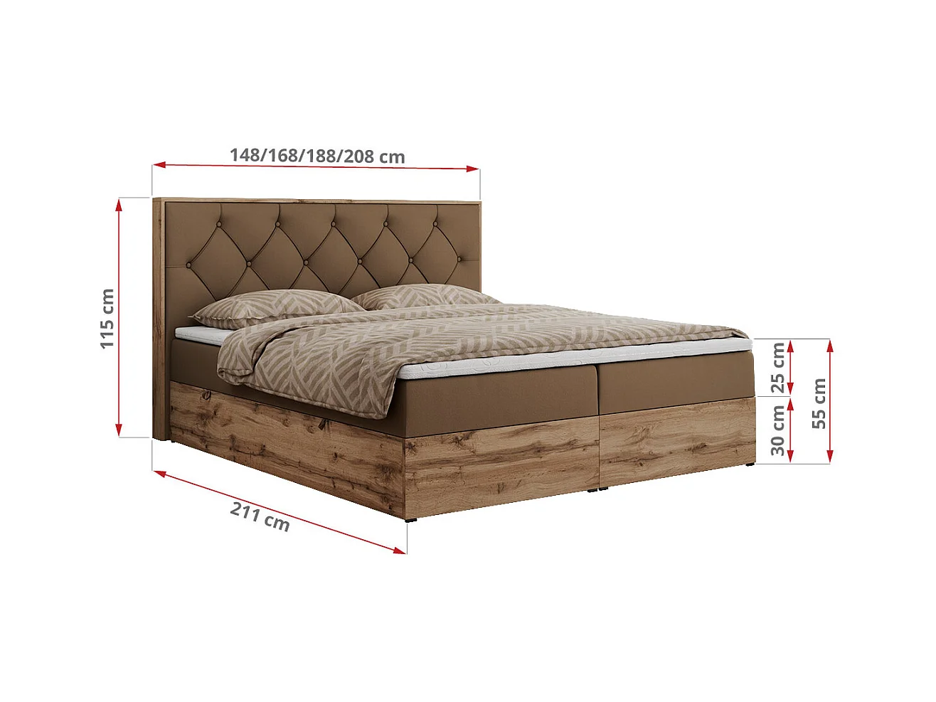 Boxspringbett VENETO - gestepptem Kopfteil, Set mit Multipocket-Matratze und Topper, Holzrahmen, zwei Bettkästen - 180x200 cm - H3 - Braun Kunstleder