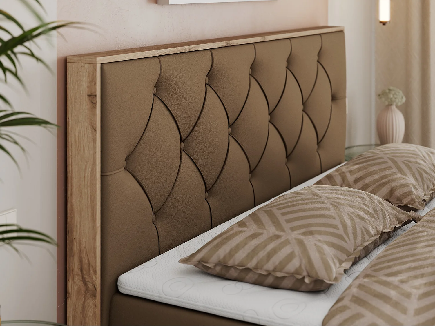 Boxspringbett VENETO - gestepptem Kopfteil, Set mit Multipocket-Matratze und Topper, Holzrahmen, zwei Bettkästen - 180x200 cm - H3 - Braun Kunstleder