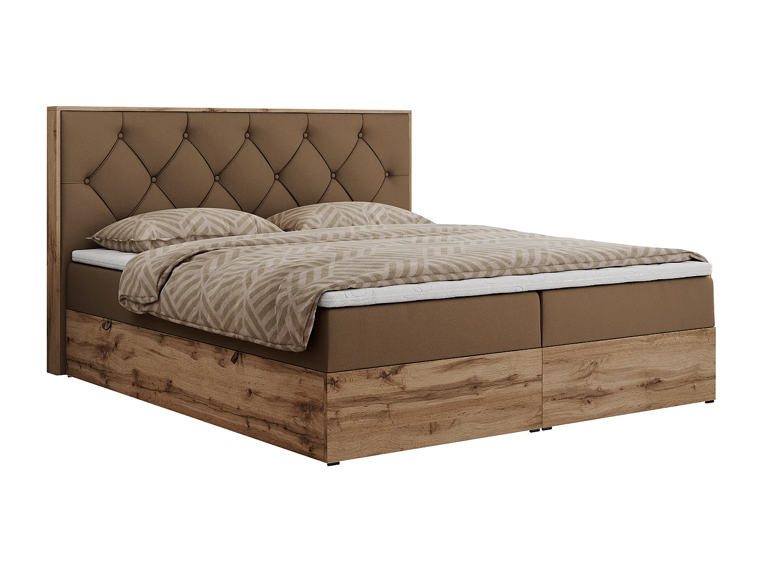Boxspringbett VENETO - gestepptem Kopfteil, Set mit Multipocket-Matratze und Topper, Holzrahmen, zwei Bettkästen - 180x200 cm - H3 - Braun Kunstleder