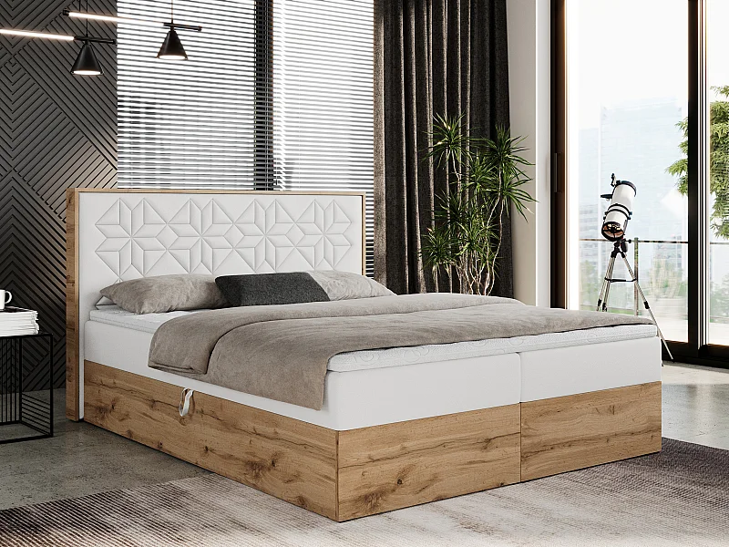 Boxspringbett NESSI - mit hoher Kopfstütze, Multipocket-Matratze und Topper, Doppelbett mit Bettkästen - 120x200 cm - H4 - Weiß Kunstleder