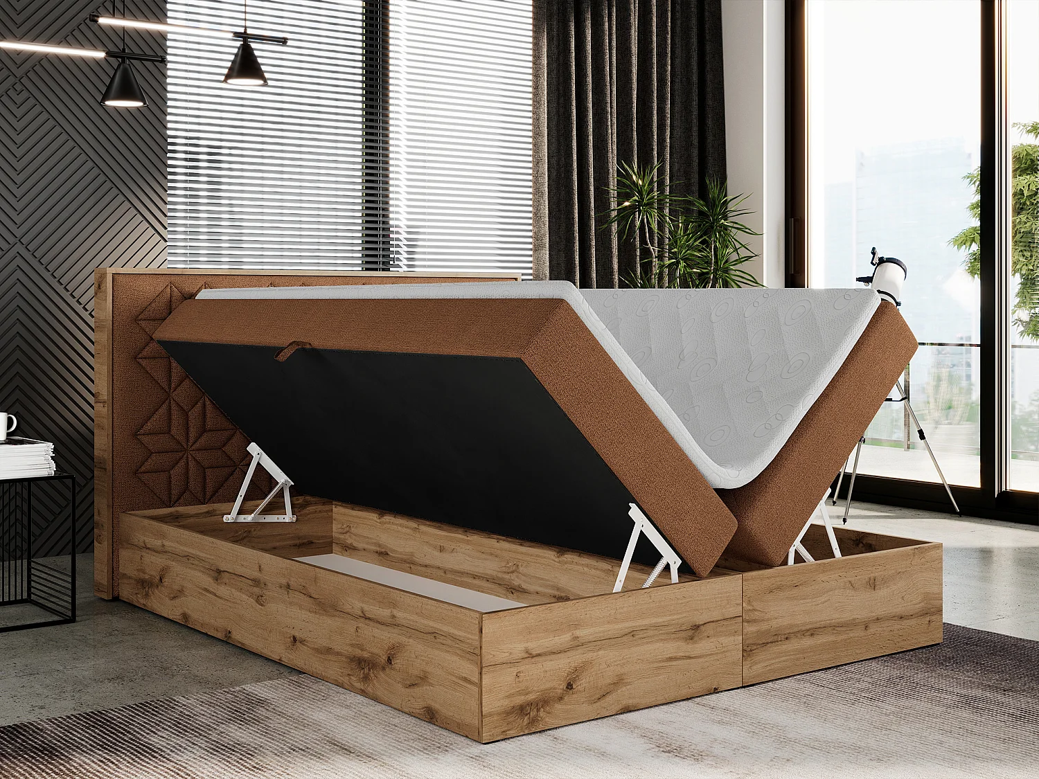 Boxspringbett NESSI - mit hoher Kopfstütze, Multipocket-Matratze und Topper, Doppelbett mit Bettkästen - 140x200 cm - H4 - Orange Strukture