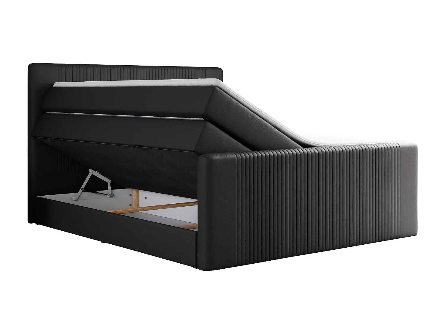 Boxspringbett DOREN KING - mit gesteppter Front und Kopfteil, zwei Multipocket-Matratzen und Topper, Doppelbett - 160x200 cm - H4 - Schwarz Kunstleder