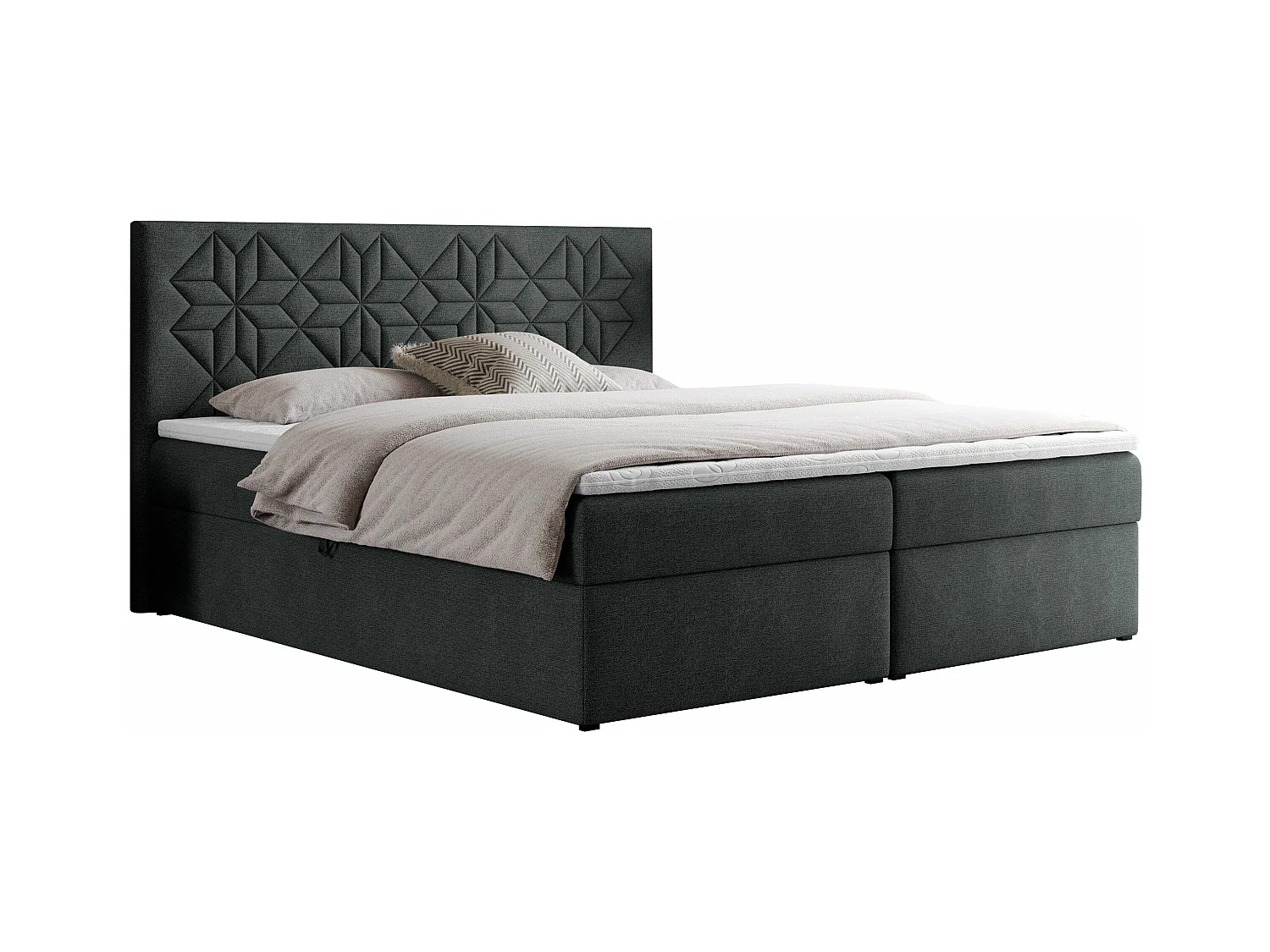 Boxspringbett LEILA - gestepptes Kopfteil,  7 Härtezonen Multipocket-Matratzen, Doppelbett mit Bettkästen - 180x200 cm - H4 - Dunkelgrau Strukture