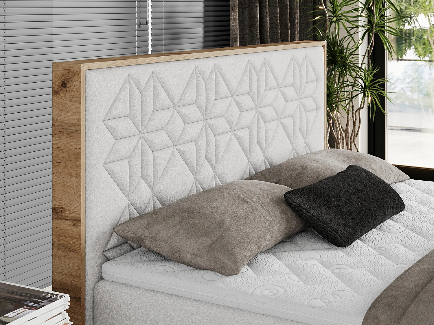 Boxspringbett NESSI - mit hoher Kopfstütze, Multipocket-Matratze und Topper, Doppelbett mit Bettkästen - 200x200 cm - H4 - Weiß Kunstleder