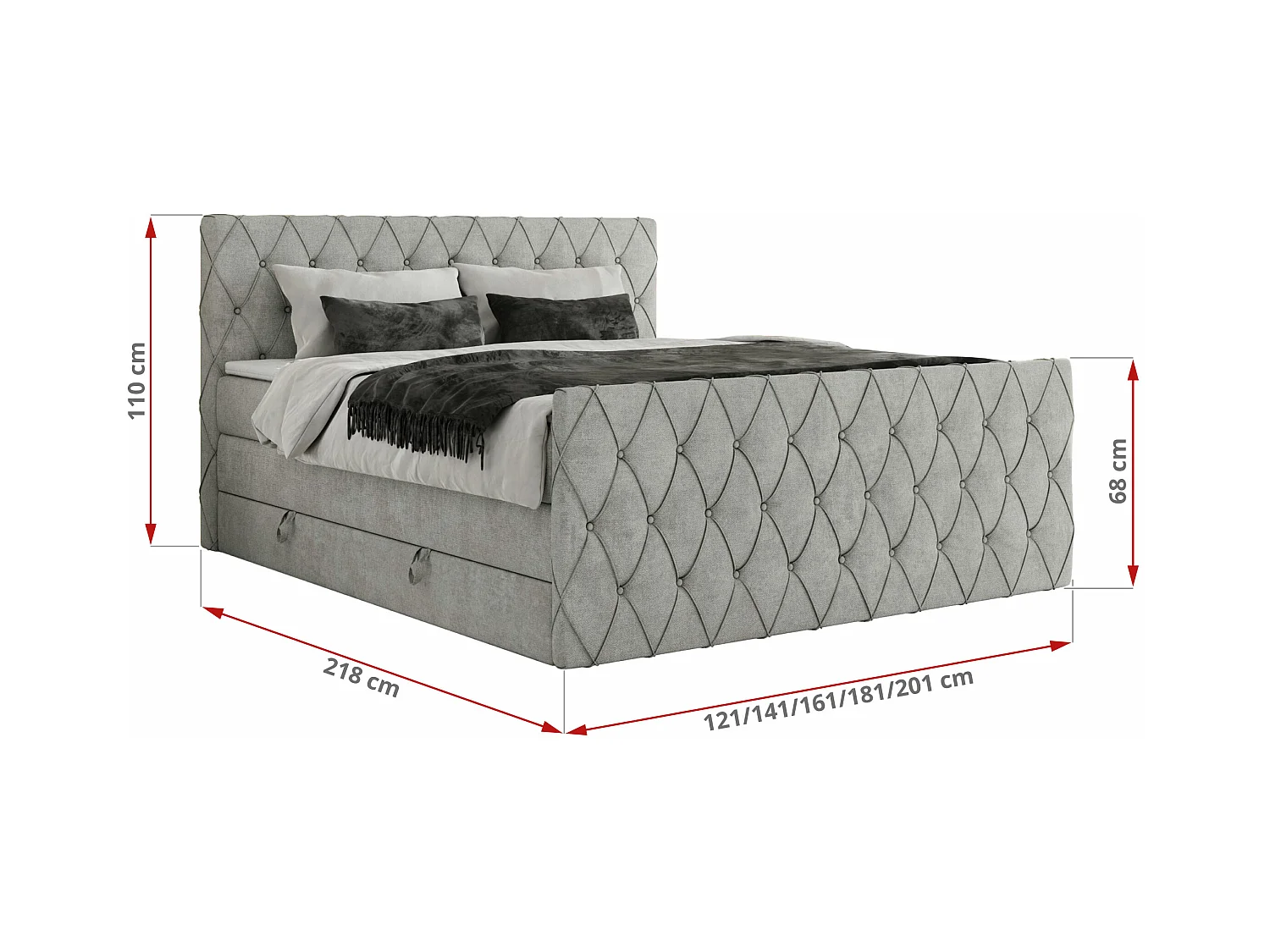 Boxspringbett MIREN KING DUO - für Schlafzimmer mit zwei Multipocket-Matratzen und Topper, gestepptes Kopfteil und Front  - 180x200 cm - H4 - Hellgrau Strukture