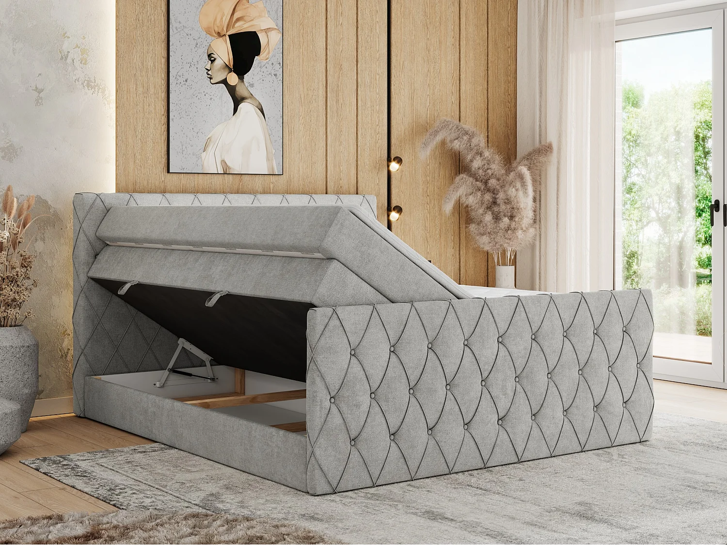 Boxspringbett MIREN KING DUO - für Schlafzimmer mit zwei Multipocket-Matratzen und Topper, gestepptes Kopfteil und Front  - 180x200 cm - H4 - Hellgrau Strukture
