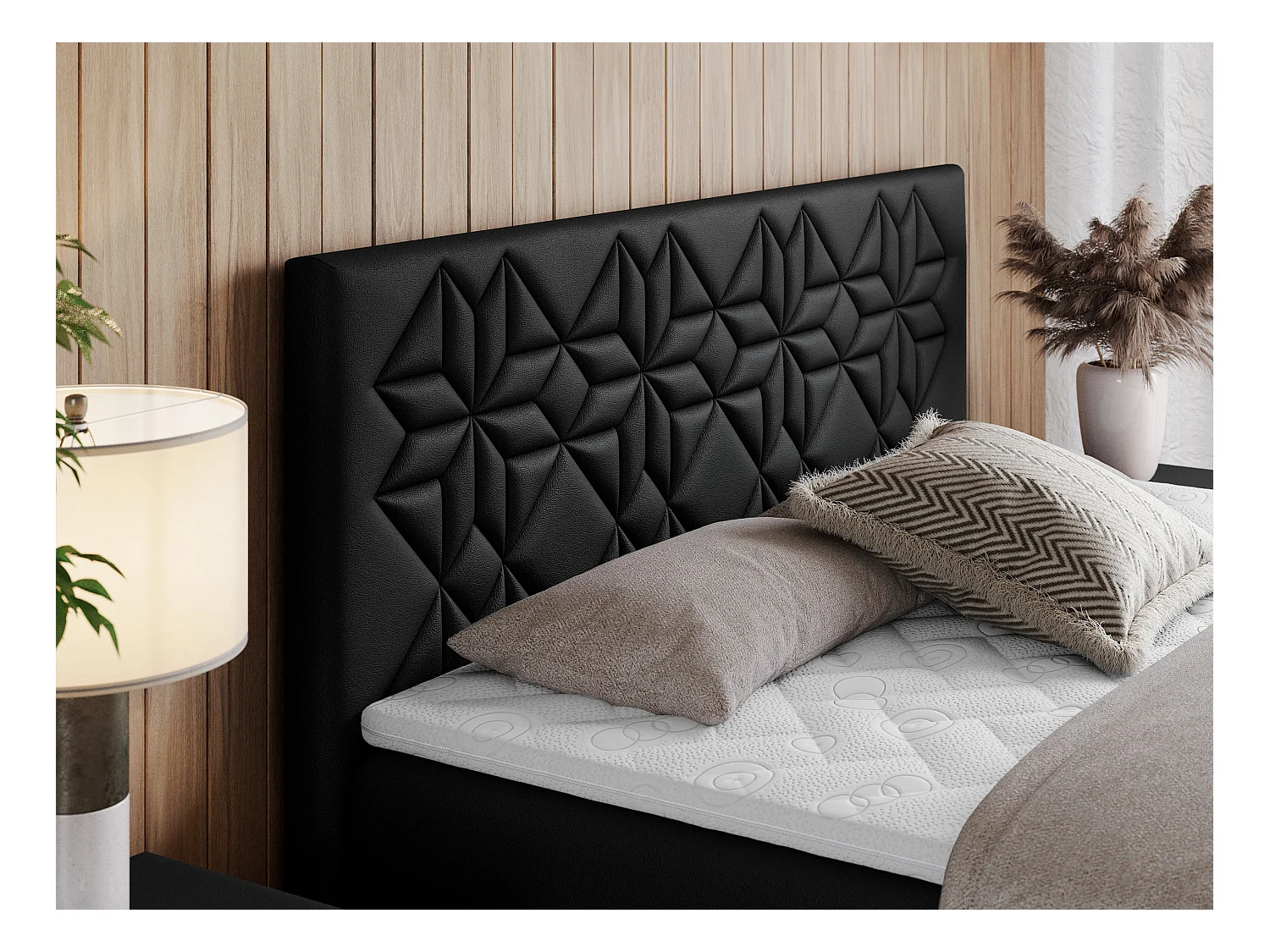 Boxspringbett LEILA - gestepptes Kopfteil,  7 Härtezonen Multipocket-Matratzen, Doppelbett mit Bettkästen - 160x200 cm - H3 - Schwarz Kunstleder