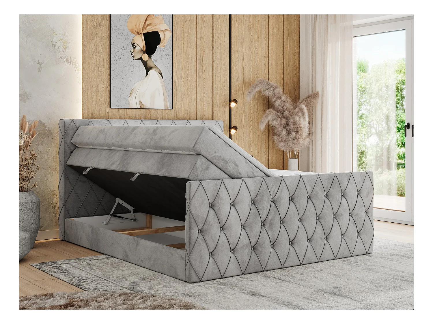 Boxspringbett MIREN KING DUO - für Schlafzimmer mit zwei Multipocket-Matratzen und Topper, gestepptes Kopfteil und Front  - 160x200 cm - H4 - Hellgrau Velvet