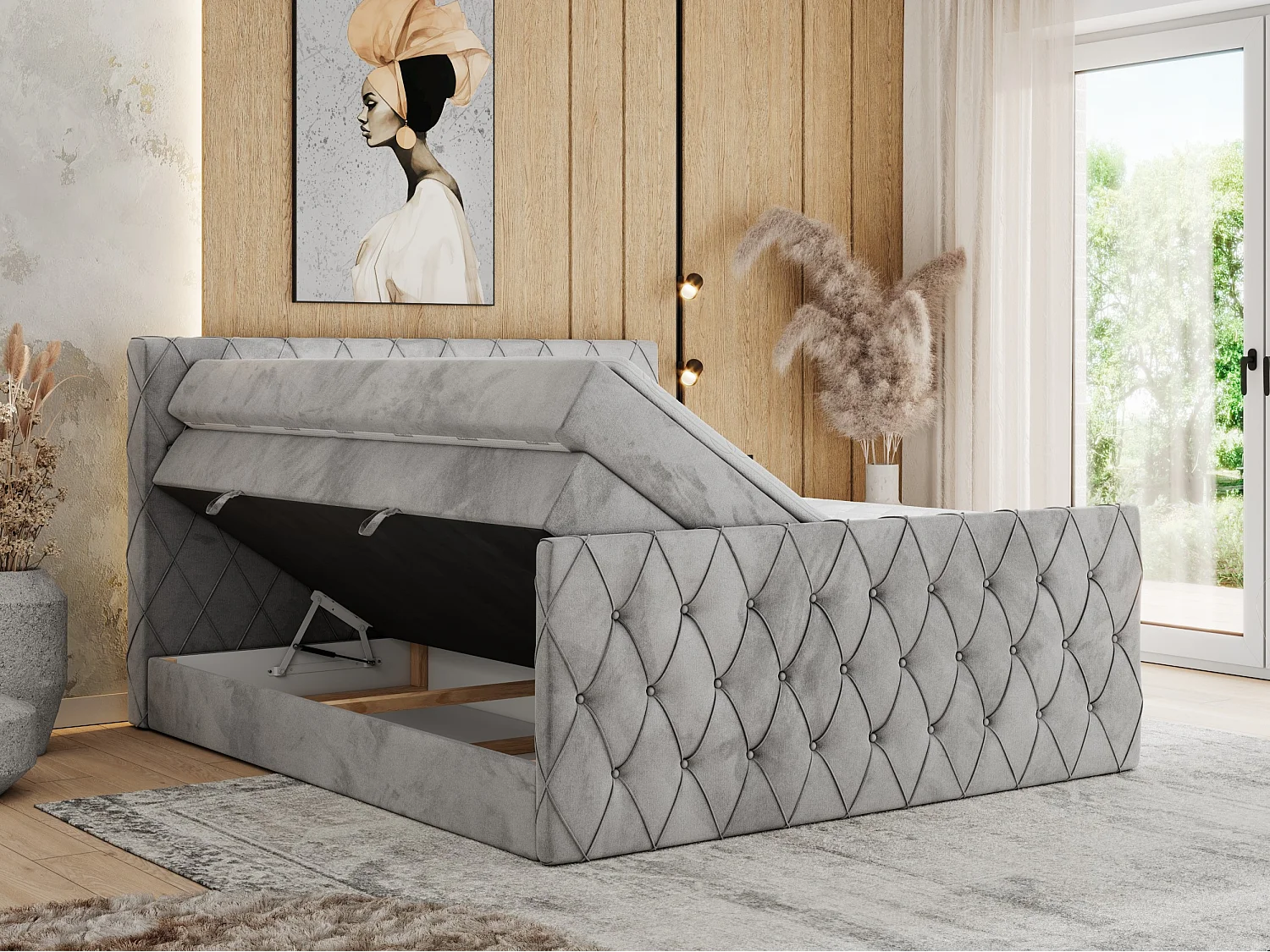 Boxspringbett MIREN KING DUO - für Schlafzimmer mit zwei Multipocket-Matratzen und Topper, gestepptes Kopfteil und Front  - 160x200 cm - H4 - Hellgrau Velvet