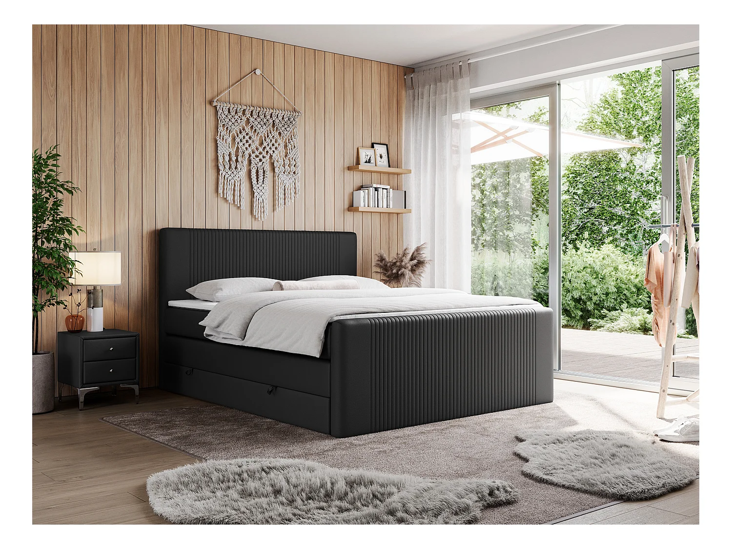 Boxspringbett DOREN KING - mit gesteppter Front und Kopfteil, zwei Multipocket-Matratzen und Topper, Doppelbett - 140x200 cm - H4 - Schwarz Kunstleder