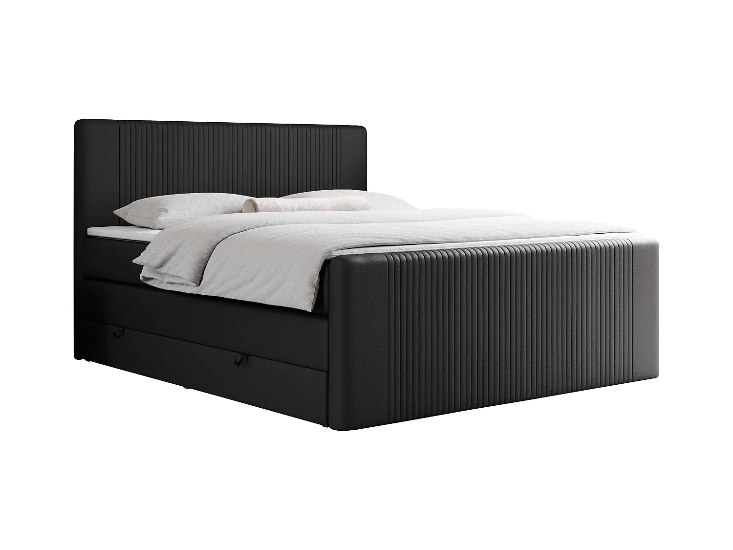 Boxspringbett DOREN KING - mit gesteppter Front und Kopfteil, zwei Multipocket-Matratzen und Topper, Doppelbett - 140x200 cm - H4 - Schwarz Kunstleder