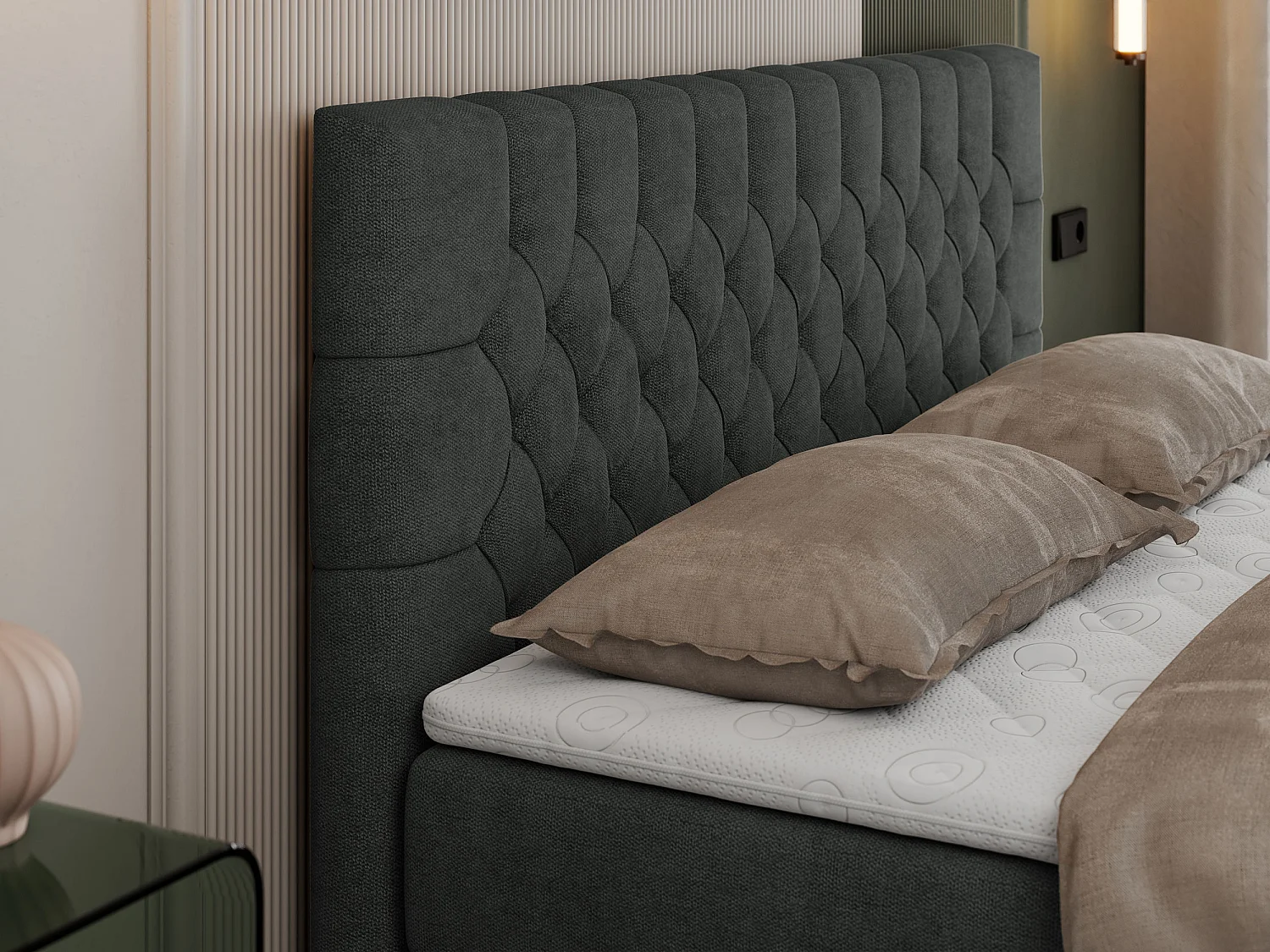 Boxspringbett PERA - gesteppte Kopfstütze, Multipocket-Matratze und Topper, Doppelbett mit Stauraum - 140x200 cm - H3 - Dunkelgrau Strukture