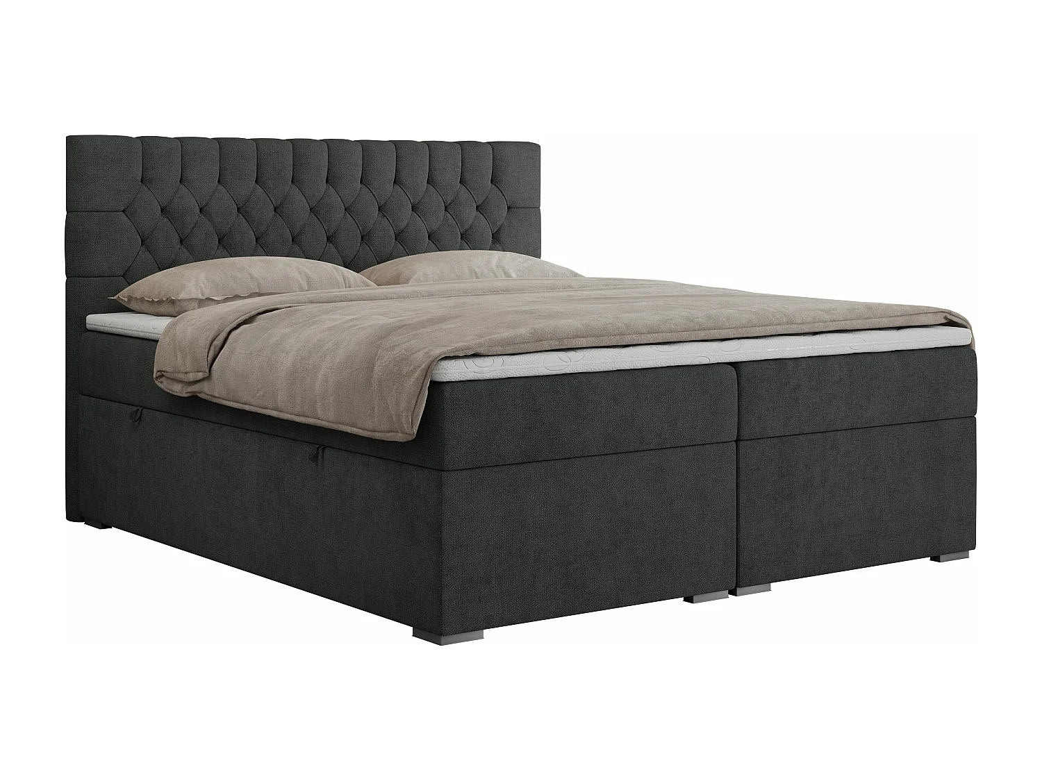 Boxspringbett PERA - gesteppte Kopfstütze, Multipocket-Matratze und Topper, Doppelbett mit Stauraum - 140x200 cm - H3 - Dunkelgrau Strukture