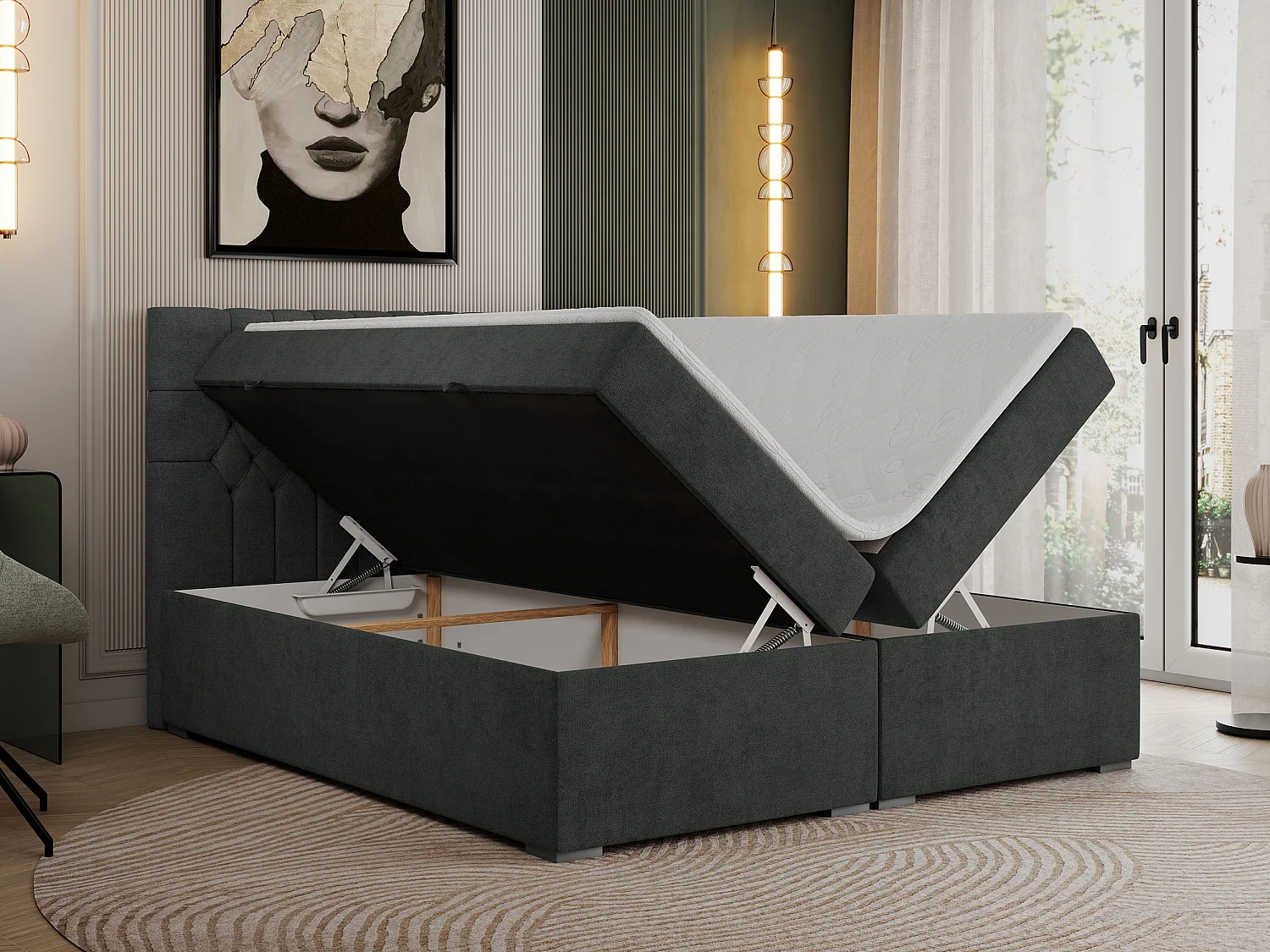 Boxspringbed met hoofdbord H3 + Topper T25 - Donkergrijs Structuurstof - 140x200 - PERA
