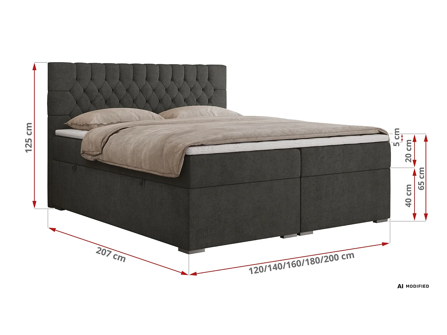 Boxspringbed met hoofdbord H3 + Topper T25 - Donkergrijs Structuurstof - 140x200 - PERA
