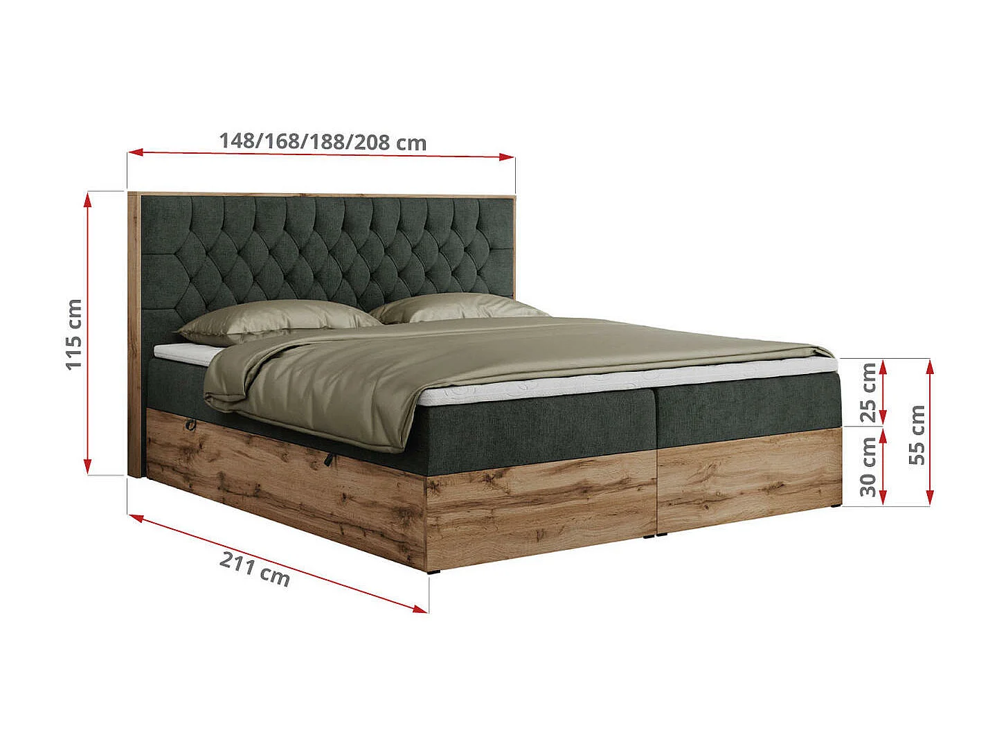 Boxspringbett AMORE - Bett mit Multipocket-Matratze, gesteppte Kopfstütze, Doppelbett für Schlafzimmer - 140x200 cm - H3 - Dunkelgrau Strukture
