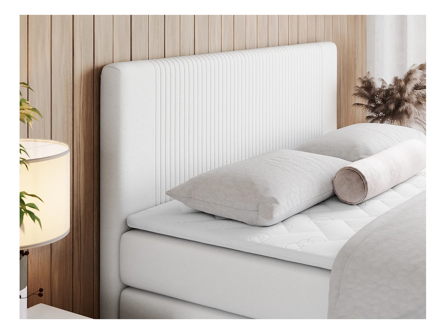 Boxspringbett DOREN KING - mit gesteppter Front und Kopfteil, zwei Multipocket-Matratzen und Topper, Doppelbett - 160x200 cm - H4 - Weiß Kunstleder