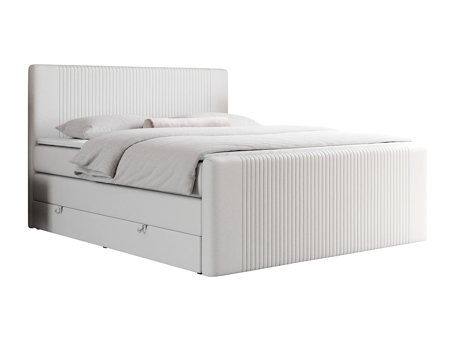 Boxspringbett DOREN KING - mit gesteppter Front und Kopfteil, zwei Multipocket-Matratzen und Topper, Doppelbett - 160x200 cm - H4 - Weiß Kunstleder
